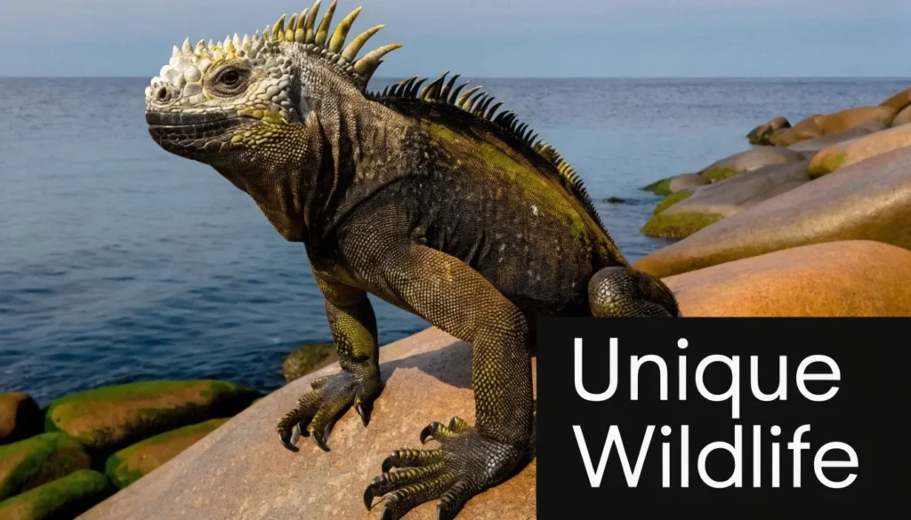 Marine iguana resting on coastal rocks by the ocean with “Unique Wildlife” text overlay.