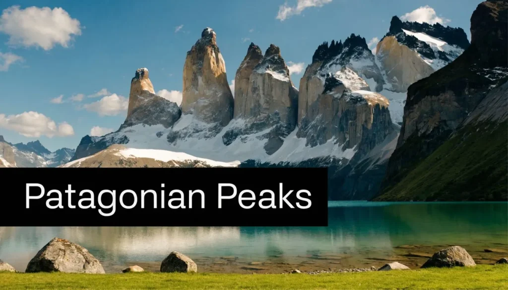 Snow-capped Patagonian mountain peaks rising above a turquoise lake under clear blue skies.