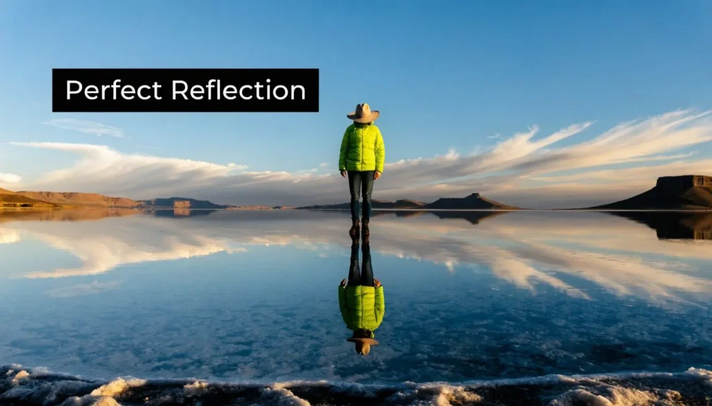 Traveler standing on reflective salt flats under blue skies with mirrored landscape and “Perfect Reflection” text.