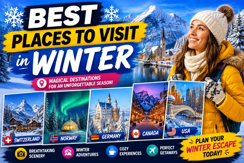 Winter travel thumbnail with snowy mountains, cozy destinations, traveler in winter clothes, and scenic getaway spots.