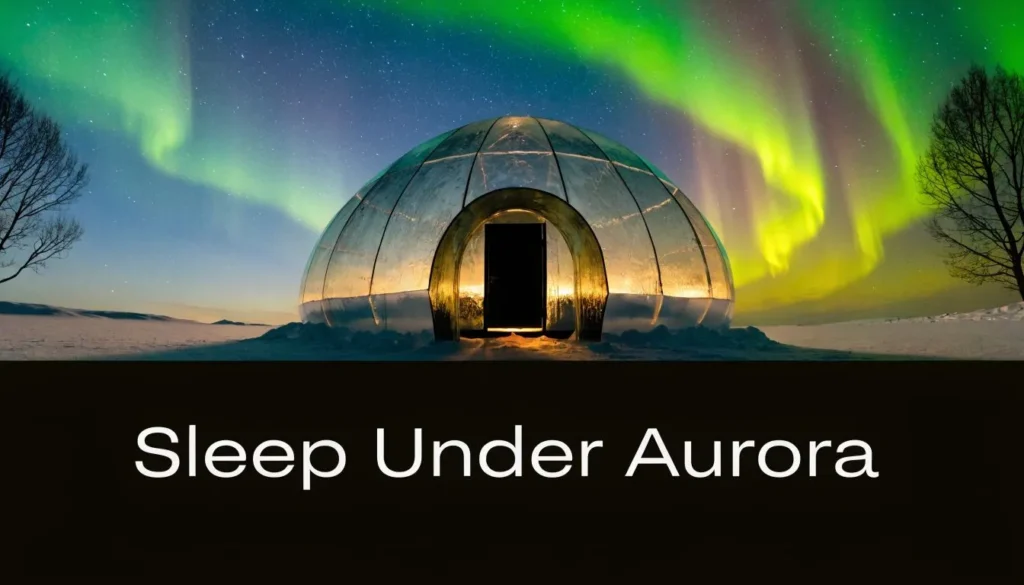 Glass igloo under vibrant northern lights in snowy landscape with “Sleep Under Aurora” text.