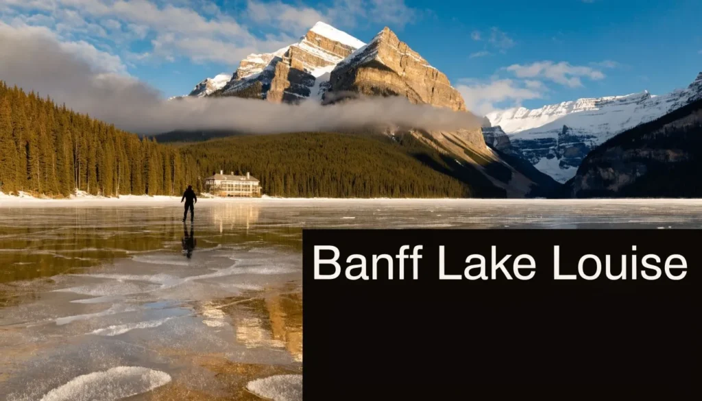 Frozen Lake Louise in Banff with snow-covered mountains, forest, and lone skater under blue sky.