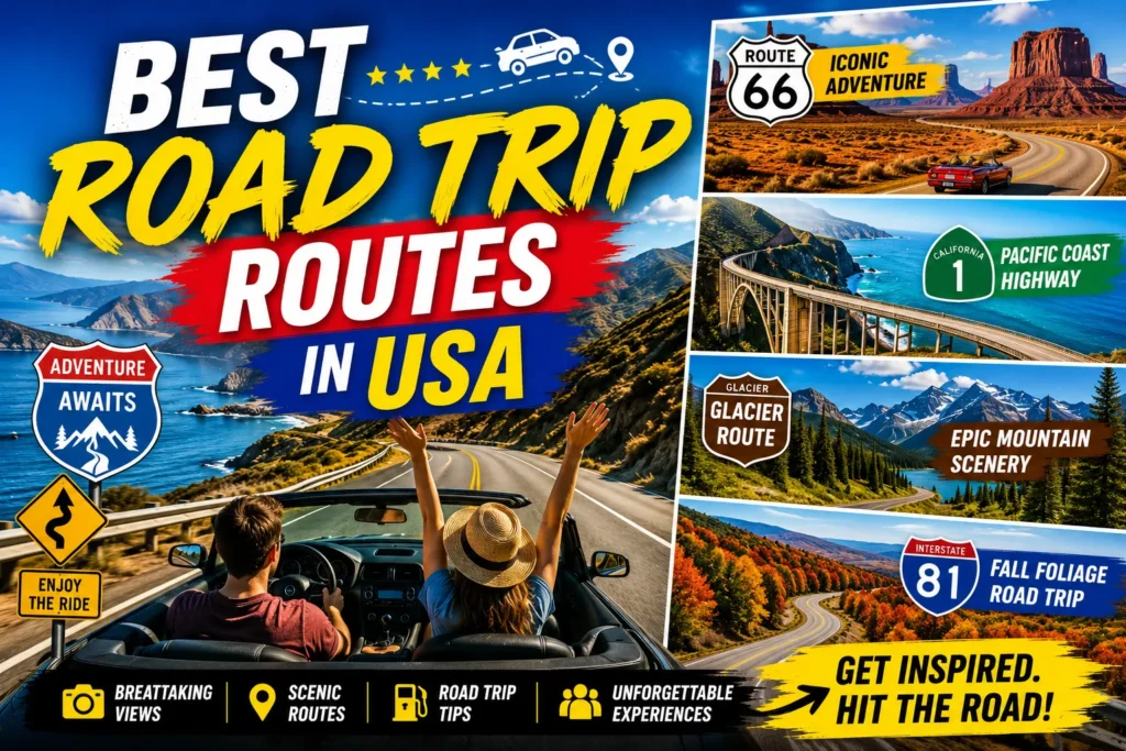 10 Best Road Trip Routes in USA for 2026 USA road trip thumbnail with scenic highways, convertible car, Route 66, and colorful travel adventure graphics.