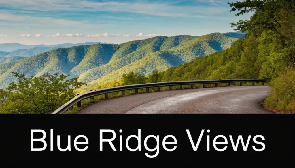 Scenic Blue Ridge Parkway mountain road with lush green hills and panoramic Appalachian landscape views