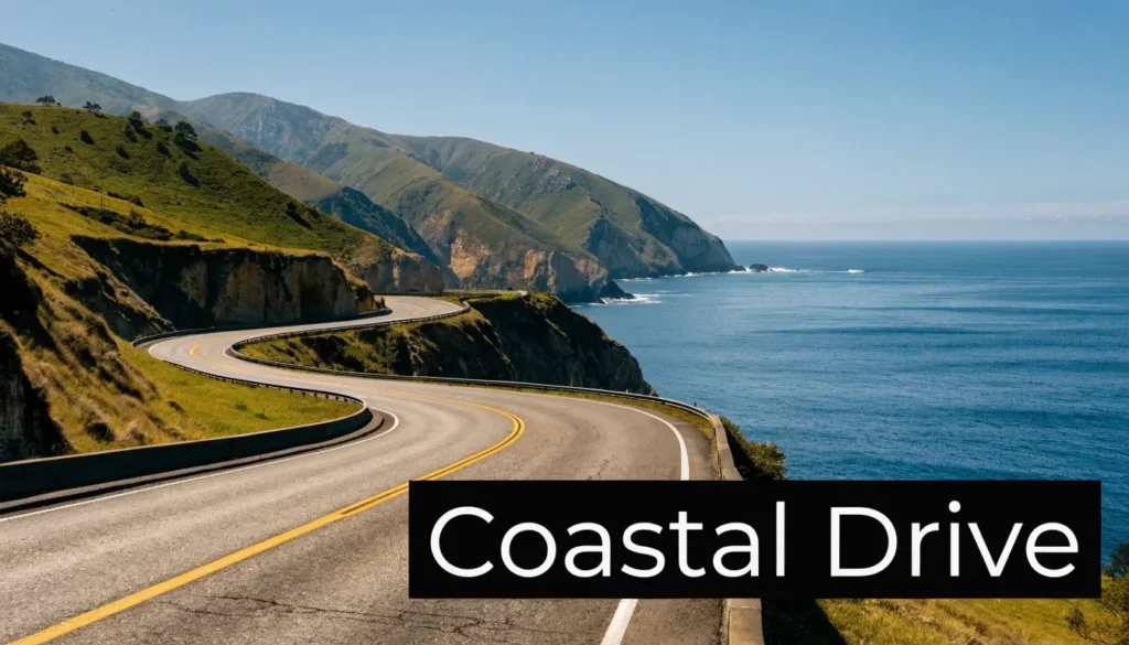 Scenic coastal highway winding along ocean cliffs with panoramic mountain and sea views on a sunny day