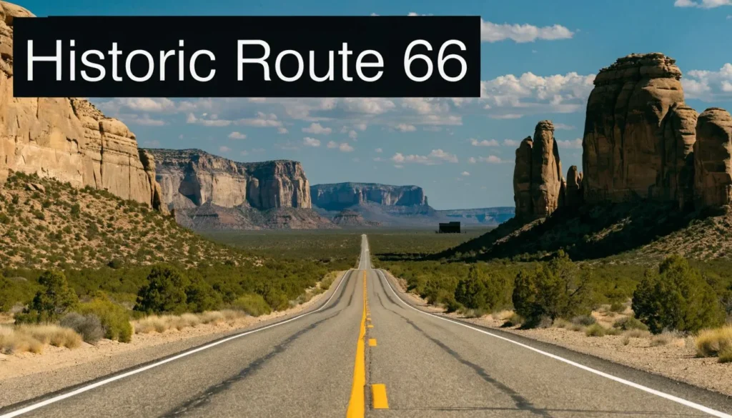 Historic Route 66 highway stretching through desert rock formations under a bright blue sky in the American Southwest