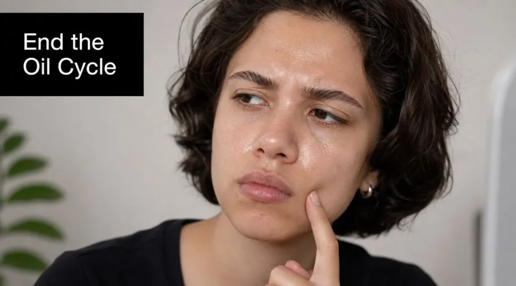 Best Serums for Oily Skin: A Science-Backed Guide Person with visibly oily skin touching their face, illustrating excess shine and oily skin concerns.