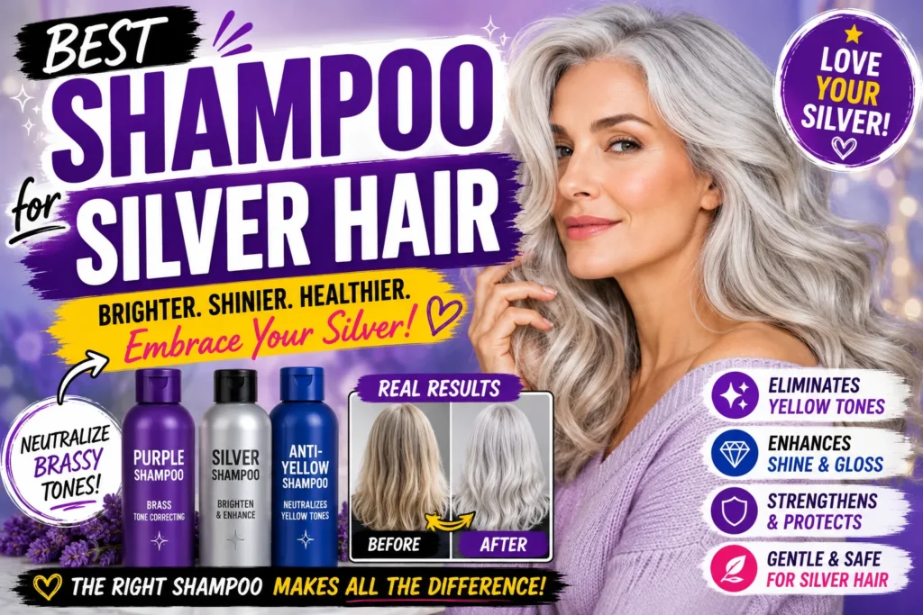 Best Shampoo for Silver Hair: Your 2026 Ultimate Guide Best shampoo for silver hair thumbnail with silver-haired woman, purple shampoo bottles, and beauty care graphics.