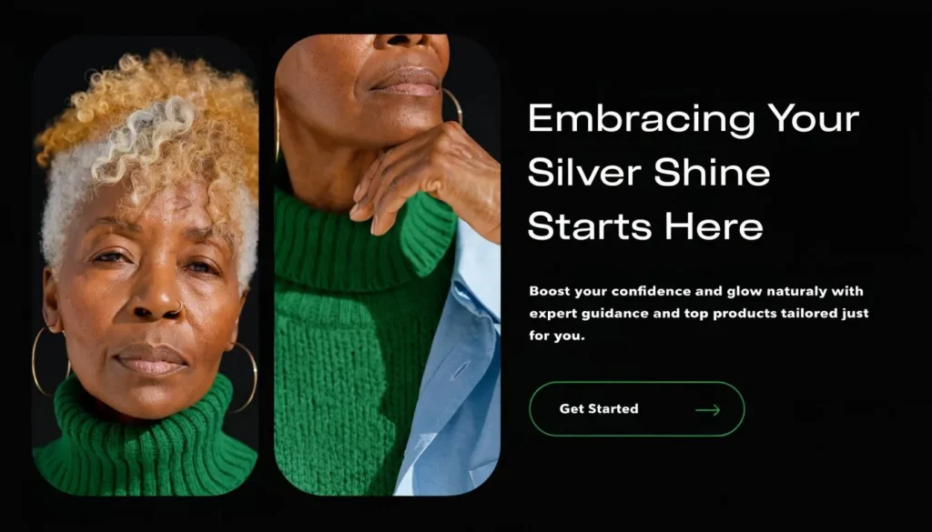 Confident woman with silver and blonde curly hair promoting natural gray hair beauty and silver shine care products.