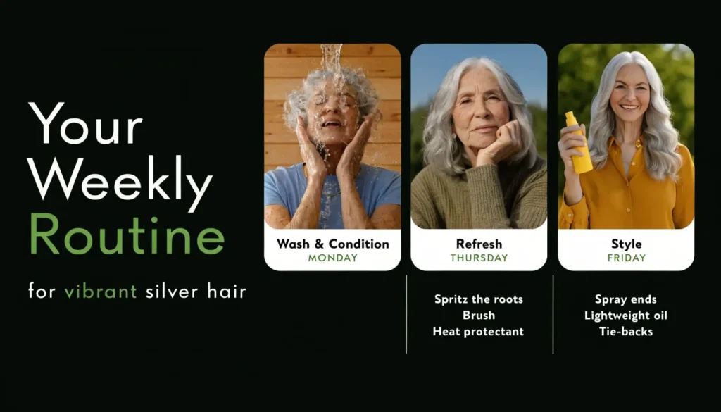 Weekly silver hair care routine showing washing, refreshing, and styling tips for healthy vibrant gray hair.