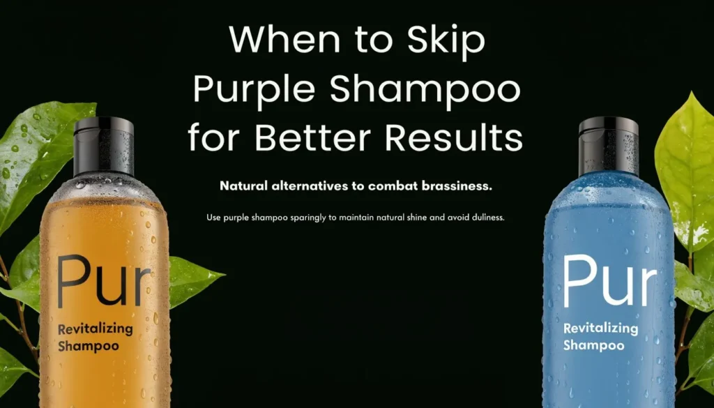 Purple and blue shampoo bottles with natural leaves promoting silver hair care and reducing brassy yellow tones.