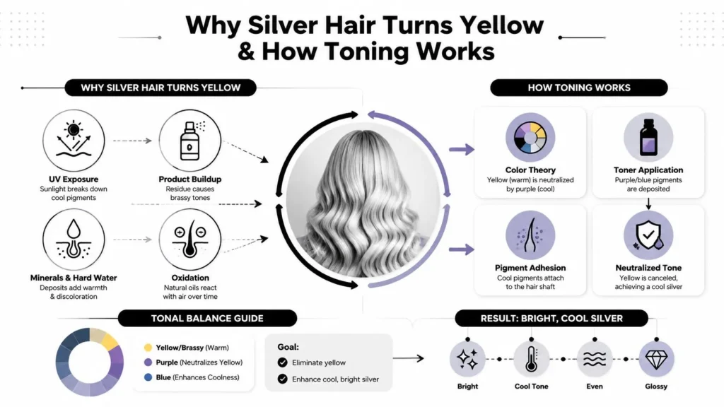 Infographic explaining why silver hair turns yellow and how purple toning neutralizes brassiness for cool silver hair.