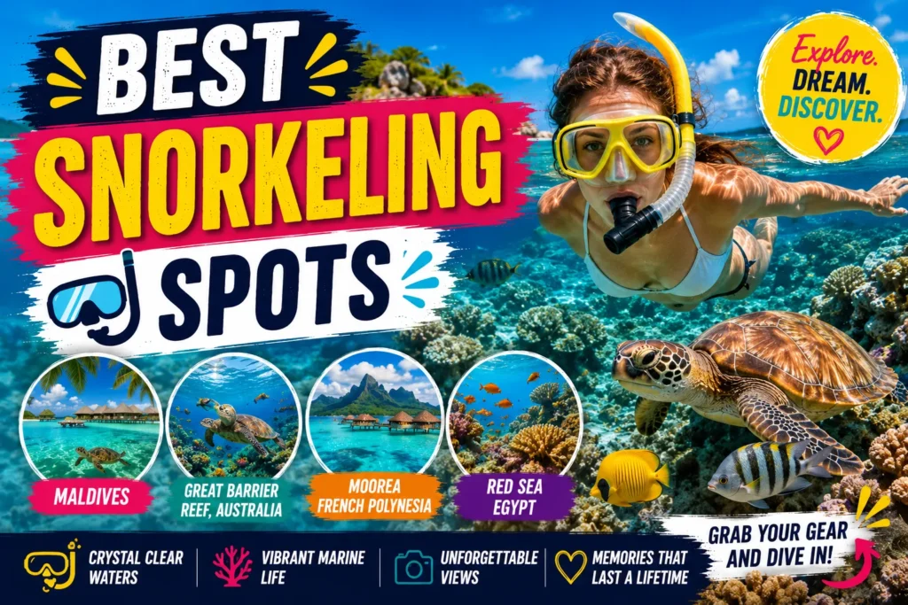 The 10 Best Snorkeling Spots for 2026 Best snorkeling spots thumbnail with tropical reefs, sea turtle, snorkeler, and colorful ocean travel graphics.