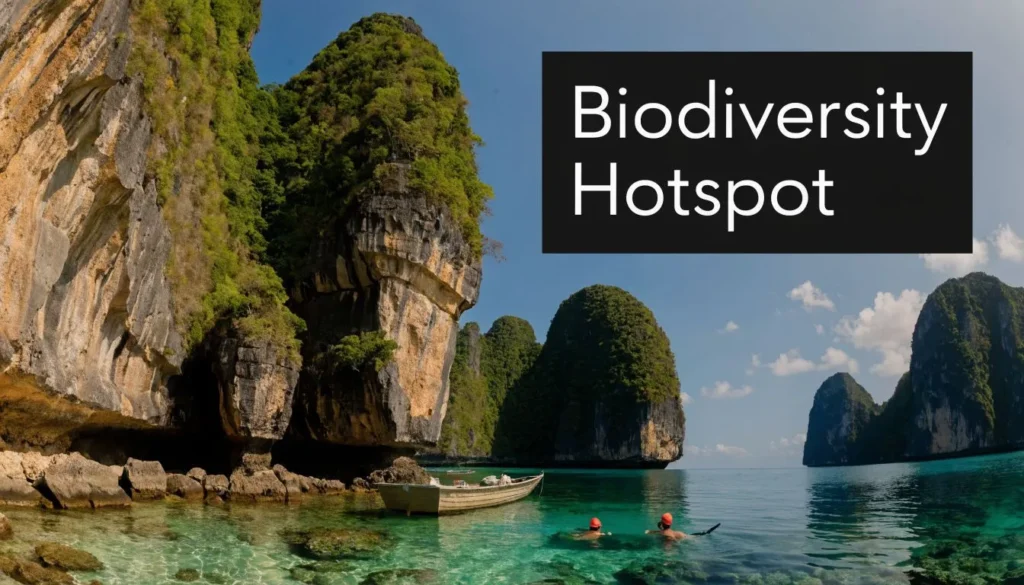 The 10 Best Snorkeling Spots for 2026 Snorkelers exploring a tropical lagoon with limestone cliffs, clear turquoise water, and lush island scenery.