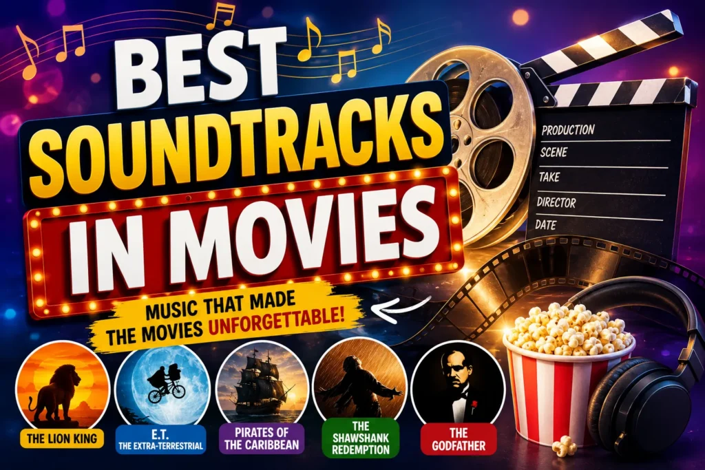 Colorful movie soundtrack thumbnail with film reel, popcorn, headphones, and iconic cinema-inspired music scenes.