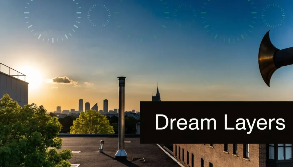 City skyline at sunset with rooftop view, speaker horn, and “Dream Layers” text on the image.