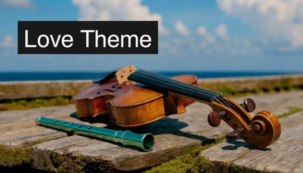 Violin and flute on a wooden surface by the sea with “Love Theme” text against a blue sky background.