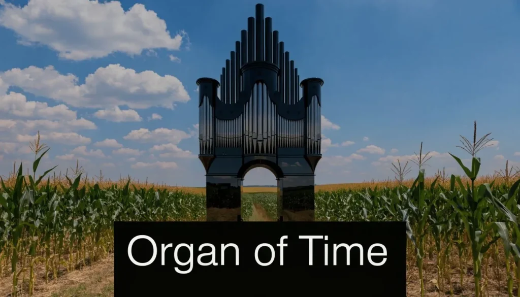 Large pipe organ standing in a cornfield under a blue sky with “Organ of Time” text overlay.