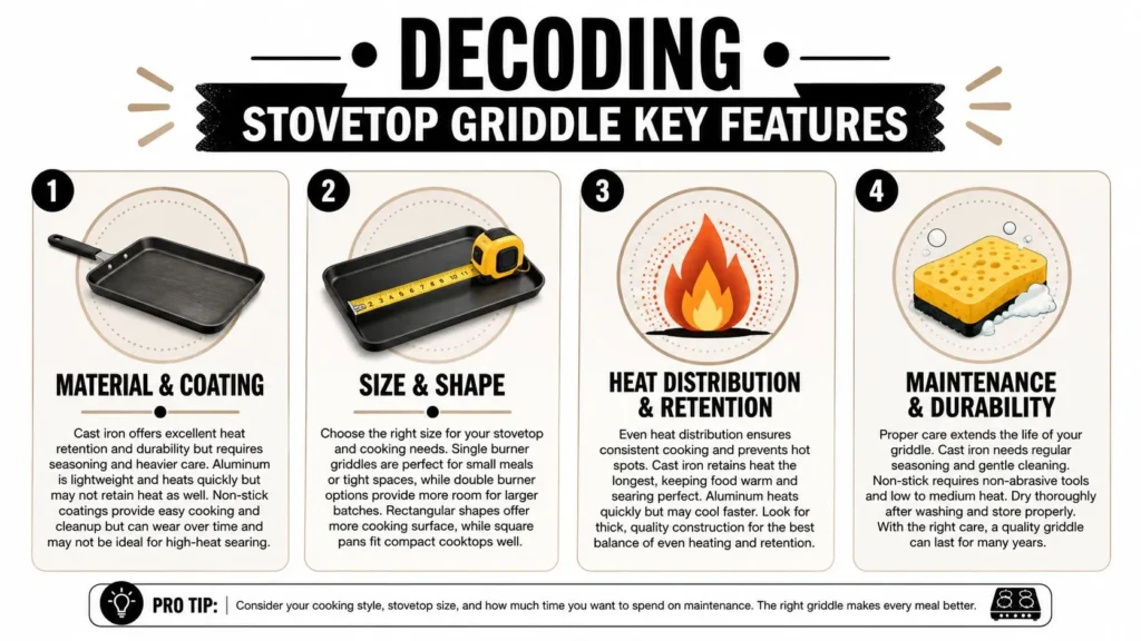 Best Stovetop Griddle: The 2026 Buyer's Guide Infographic explaining stovetop griddle features, including material, size, heat retention, and maintenance tips.