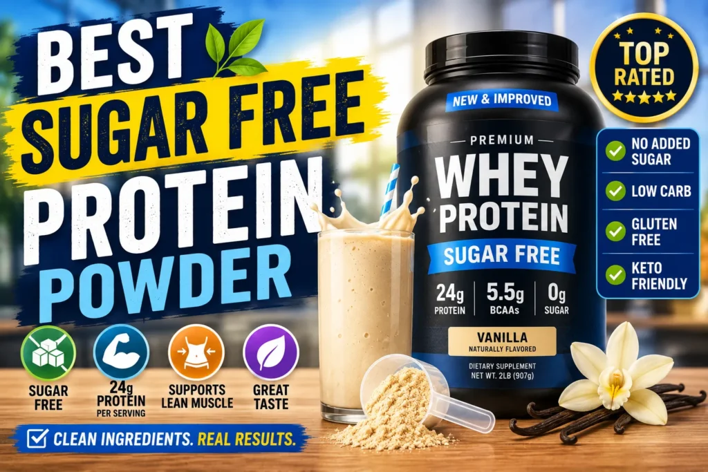 Colorful sugar-free protein powder thumbnail with whey container, protein shake, and fitness nutrition graphics.