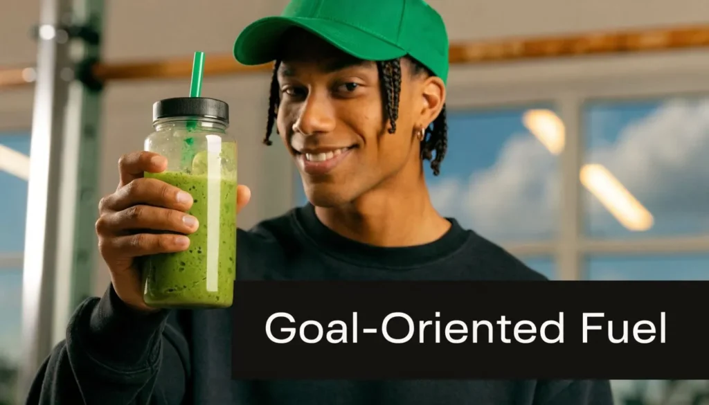 Person holding a green protein smoothie in a gym setting with “Goal-Oriented Fuel” text overlay.