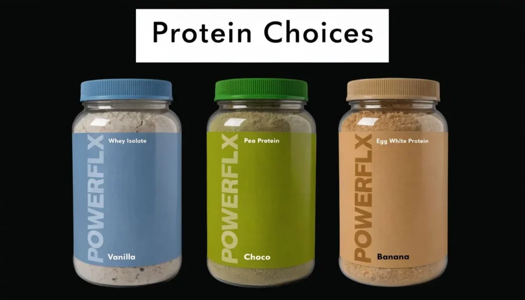 Three protein powder containers labeled whey isolate, pea protein, and egg white protein under “Protein Choices”.