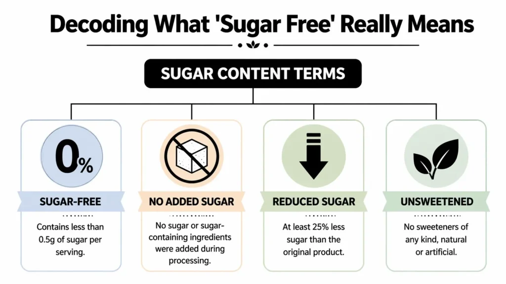 Infographic explaining sugar-free, no added sugar, reduced sugar, and unsweetened food label terms.
