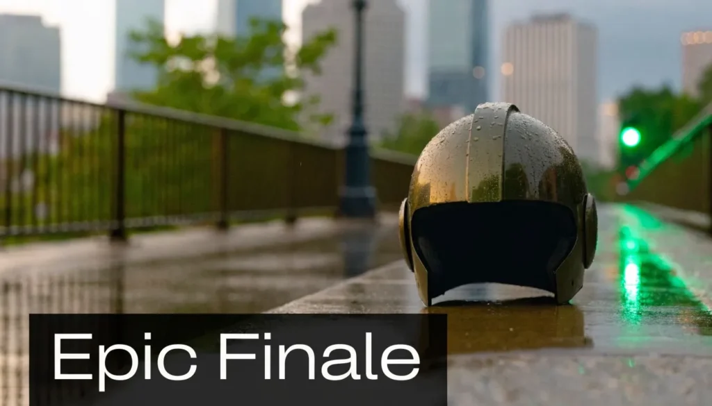 Futuristic helmet on a rainy city walkway with glowing lights and “Epic Finale” text.