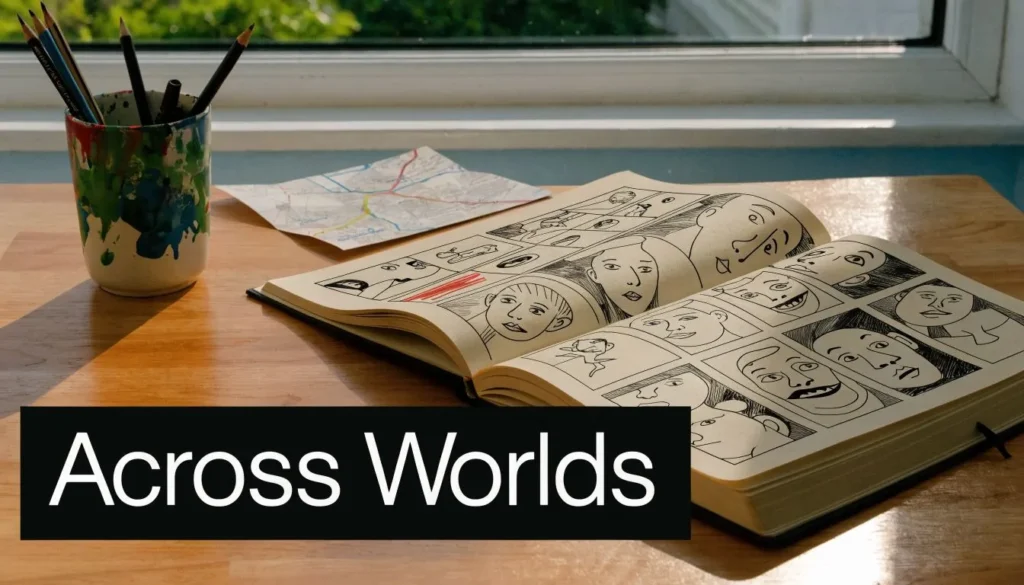 Open sketchbook with comic-style drawings on a desk beside pencils and map, labeled “Across Worlds.”