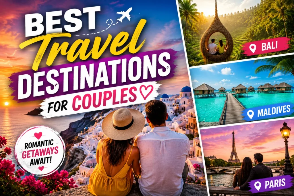 10 Best Travel Destinations for Couples for 2026 Romantic travel destinations thumbnail with couples in Santorini, Bali, Maldives, and Paris at sunset.