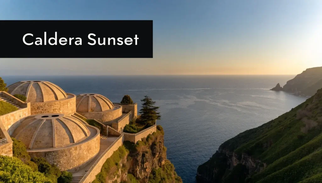 Clifftop caldera resort overlooking the ocean at sunset with dramatic coastal views and golden evening light
