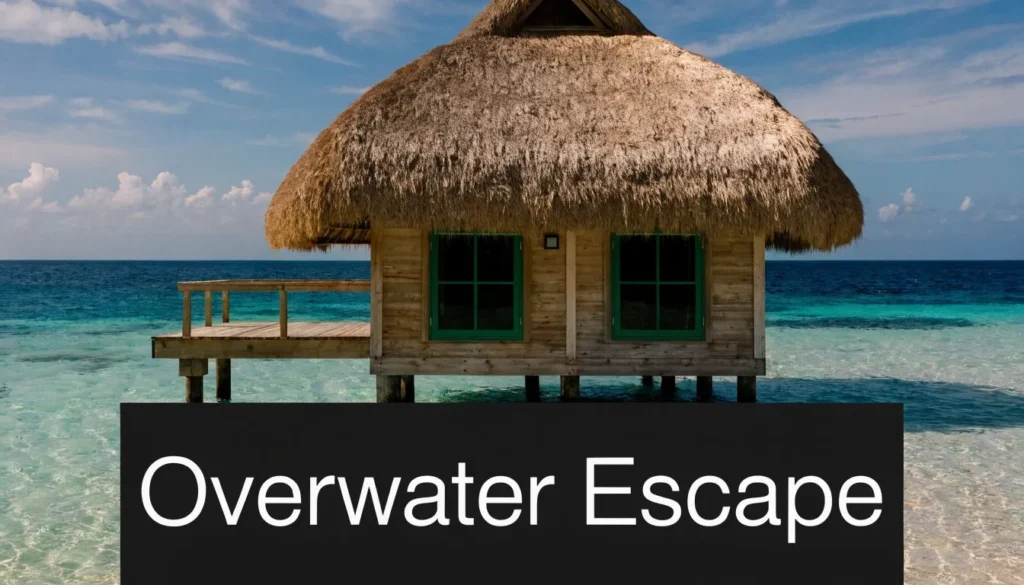 Luxury overwater bungalow above clear turquoise ocean waters in a tropical island escape destination