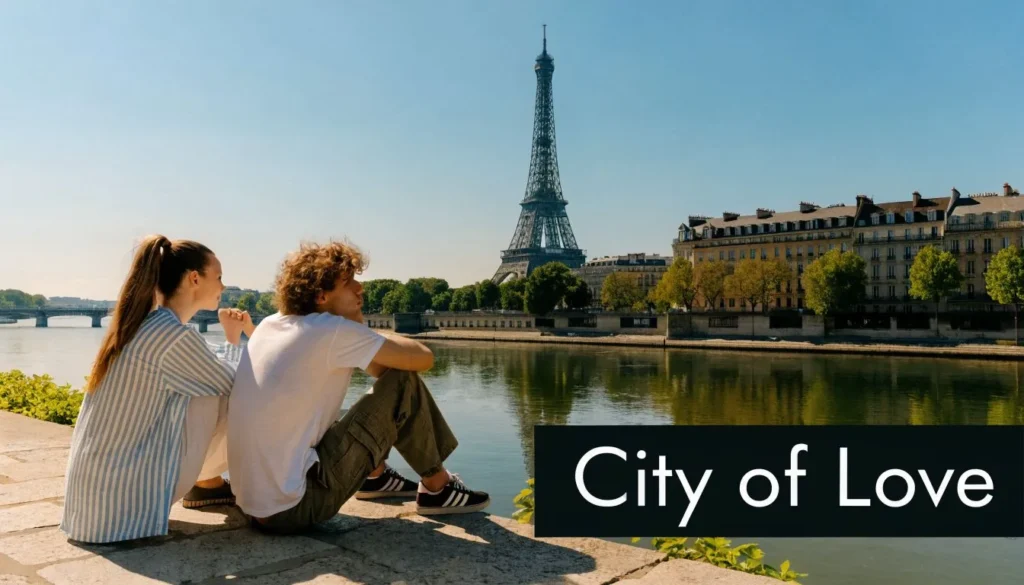 Couple relaxing by the Seine River with Eiffel Tower view in Paris, known as the romantic City of Love