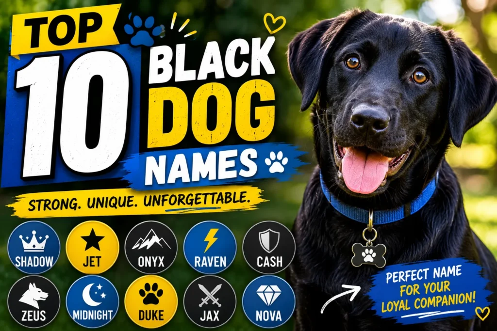 Colorful thumbnail with black Labrador, bold “Top 10 Black Dog Names” text, and popular dog name icons.