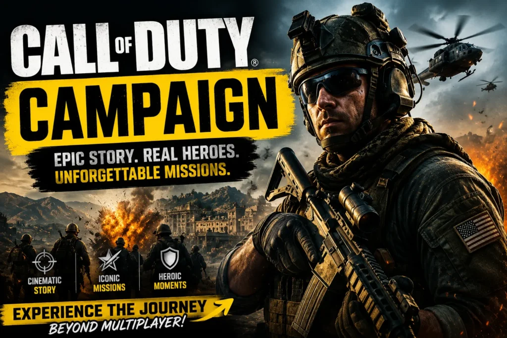 Action-packed Call of Duty campaign thumbnail with soldier, explosions, helicopters, and cinematic war scenes.