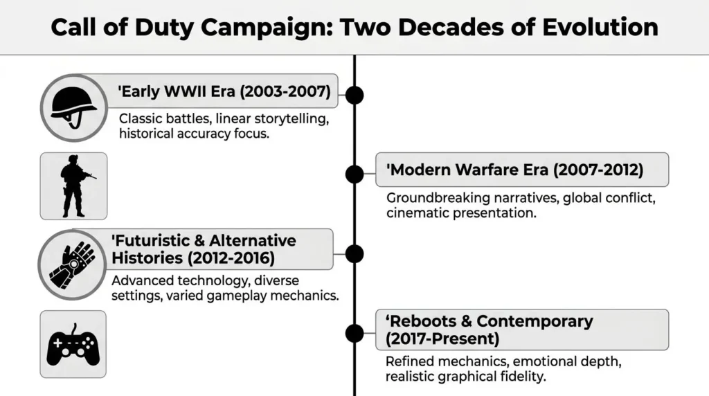 Timeline infographic showing the evolution of Call of Duty campaigns from WWII era to modern reboots.