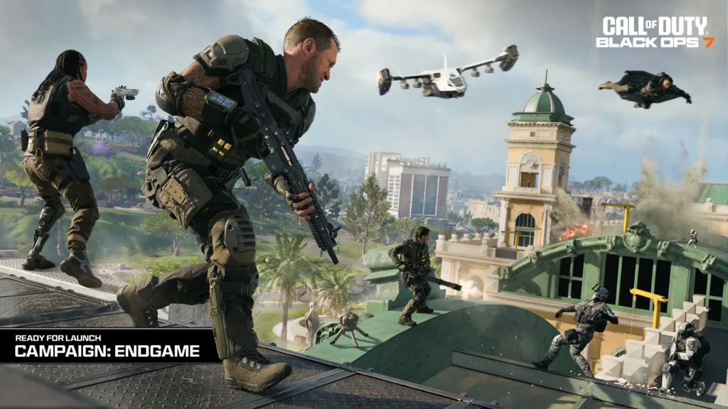 Soldiers battle across rooftops with drones and explosions in a futuristic Call of Duty action scene.