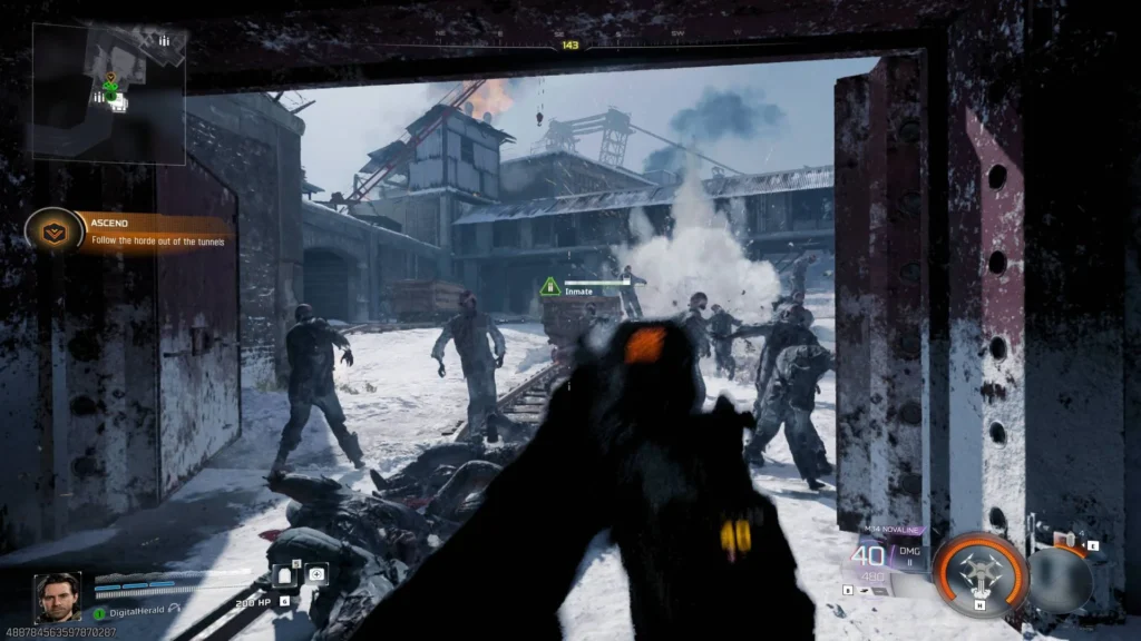 First-person shooter gameplay showing a player fighting zombies in a snowy industrial area.