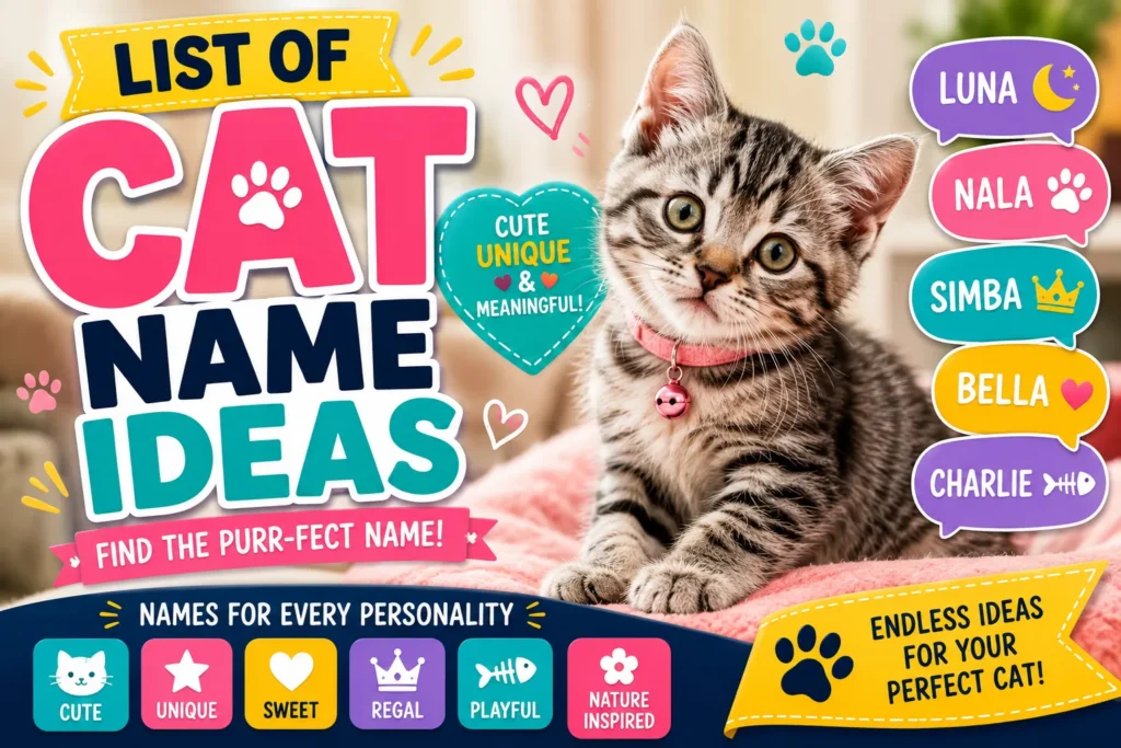 Colorful cat name ideas thumbnail with cute tabby kitten, playful text bubbles, and popular cat names.