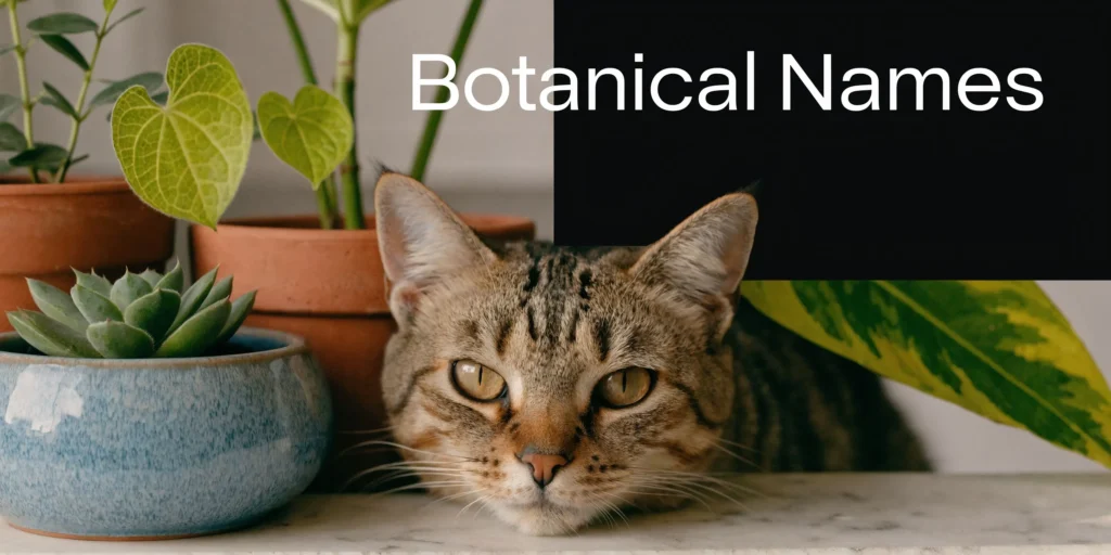 Tabby cat resting among houseplants and succulents with the title “Botanical Names” on a dark background.