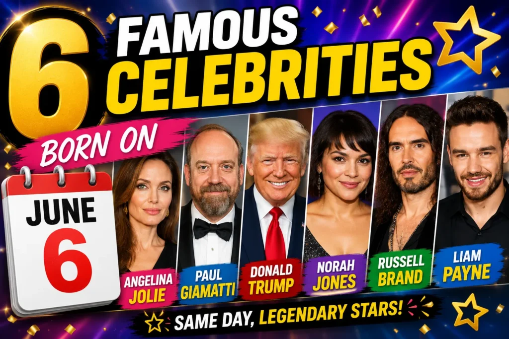 Colorful celebrities born on June 6 thumbnail with star portraits, calendar graphic, and bright entertainment design.