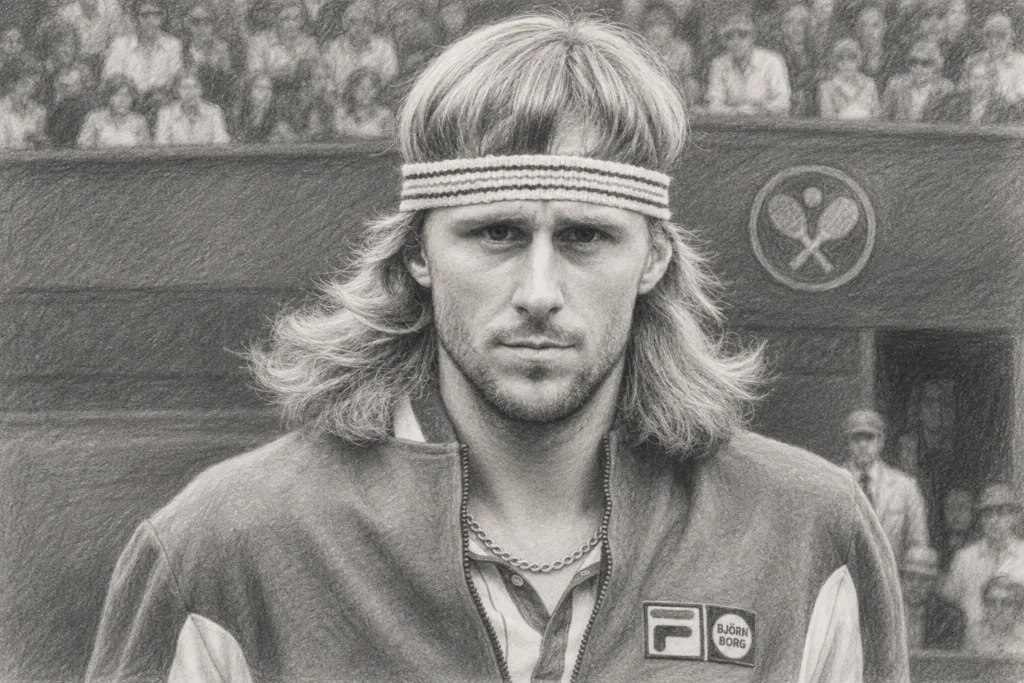 Black-and-white pencil portrait of a long-haired tennis player wearing a headband on a tennis court.