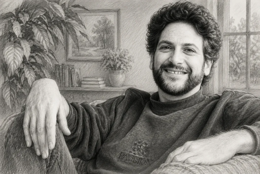 Black-and-white pencil portrait of a smiling bearded man relaxing indoors beside plants and books.