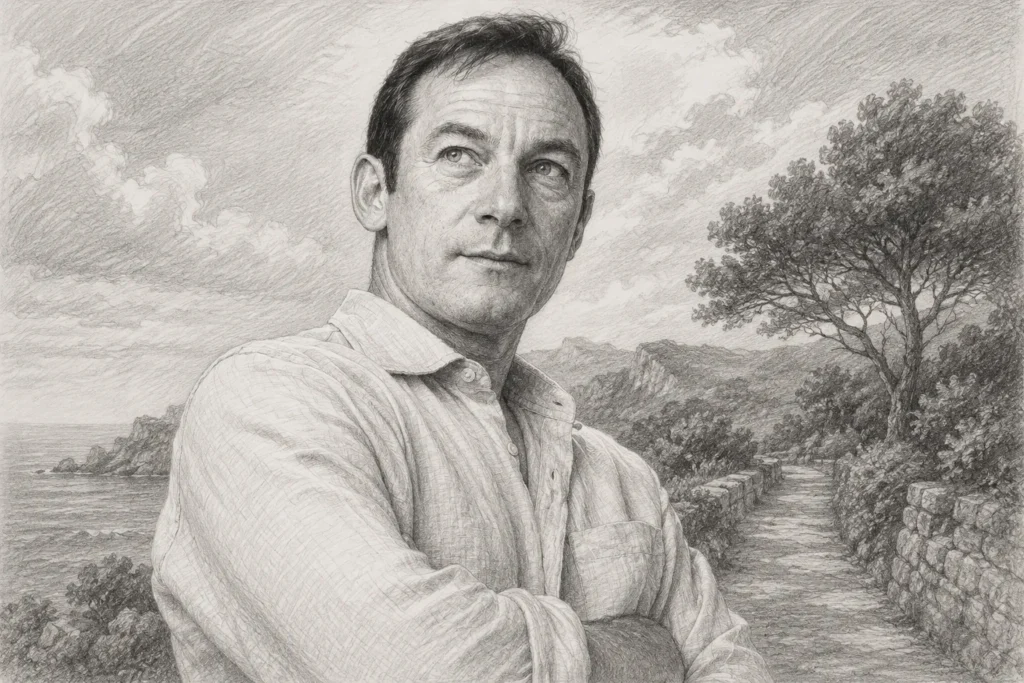 Black-and-white pencil portrait of a man outdoors near a coastal path with trees and cloudy skies.