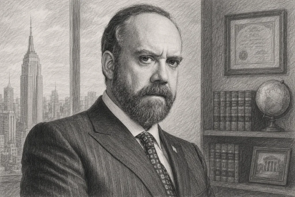 Black-and-white pencil portrait of a bearded man in a suit with a city skyline and office background.