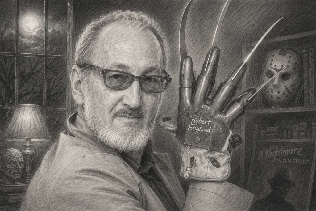 Black-and-white pencil portrait of a man holding a claw glove in a dark horror-themed room.