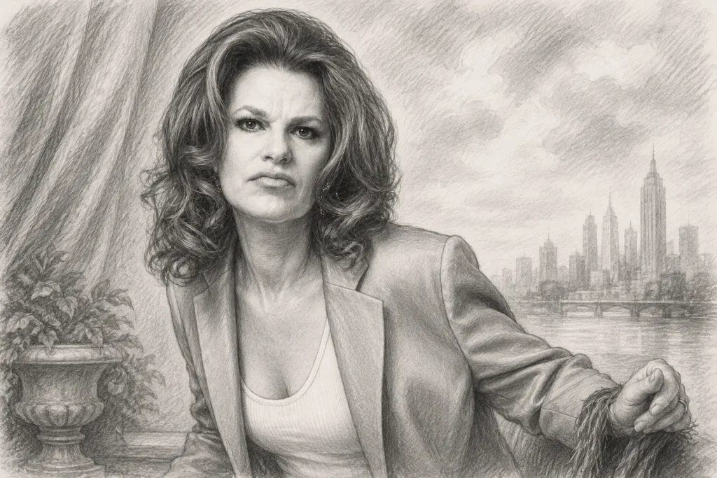 Black-and-white pencil portrait of a woman with curly hair seated near a city skyline window view.