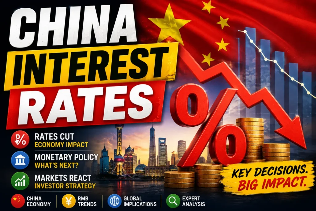 Colorful China interest rates thumbnail with falling percentage graph, coins, and Chinese economic graphics.