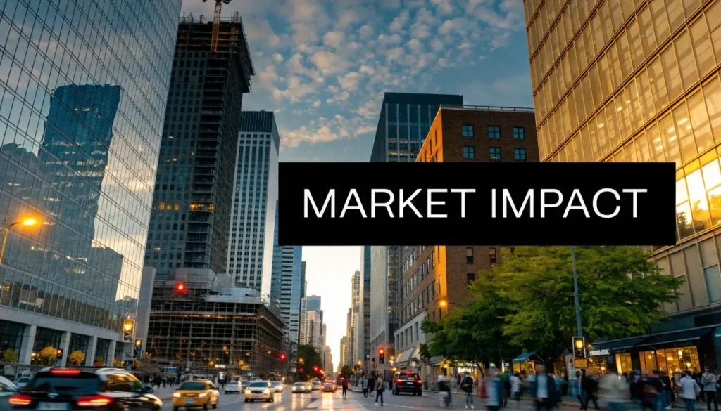 Busy city street with skyscrapers at dusk and “Market Impact” text overlay.
