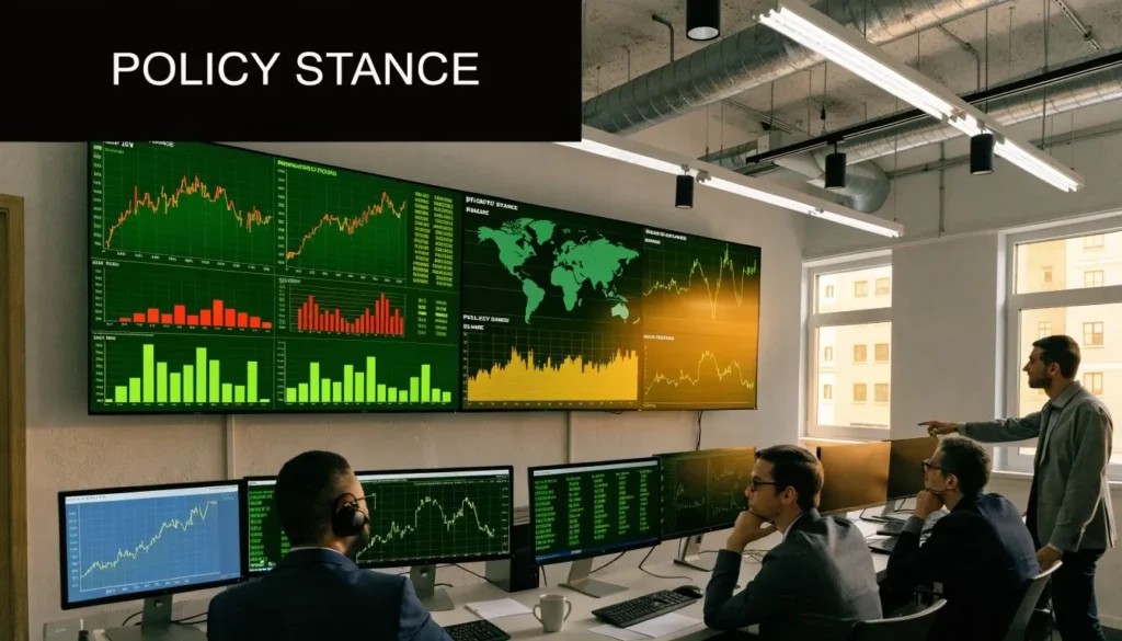 Financial analysts review market charts and economic data on large screens under a “Policy Stance” heading.